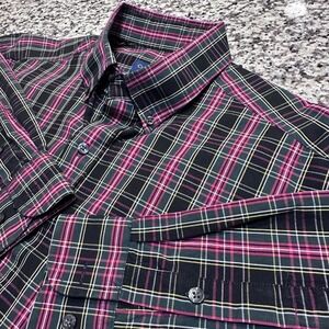 Club Room Mens Regular Fit Plaid Button Down Shirt Pink Black Cotton 16.5 34/35